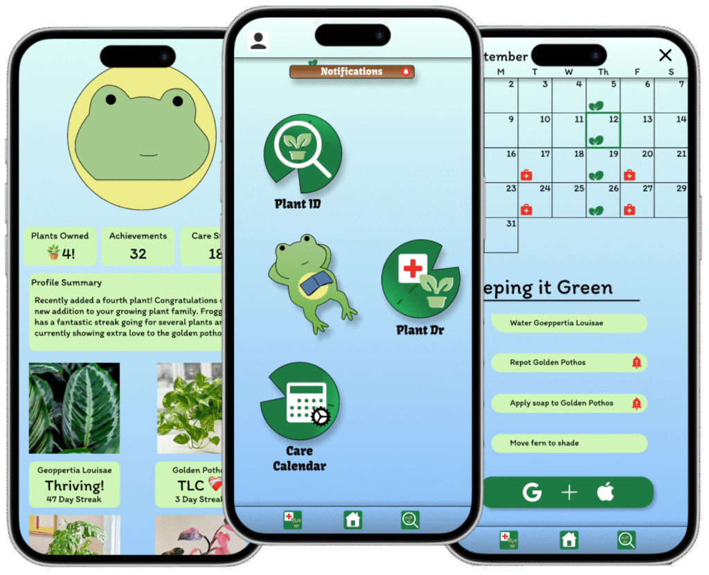 Shows 3 design mockups on smart phones displaying designs of a frog, lily pads, and various text related to the GreenThumb app. 